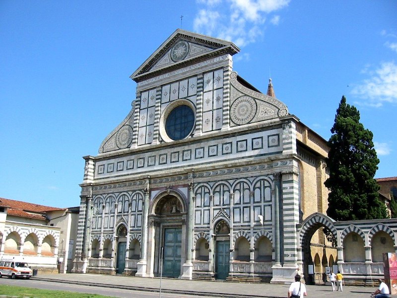 The marble facade at the entrance to Santa Maria Novella